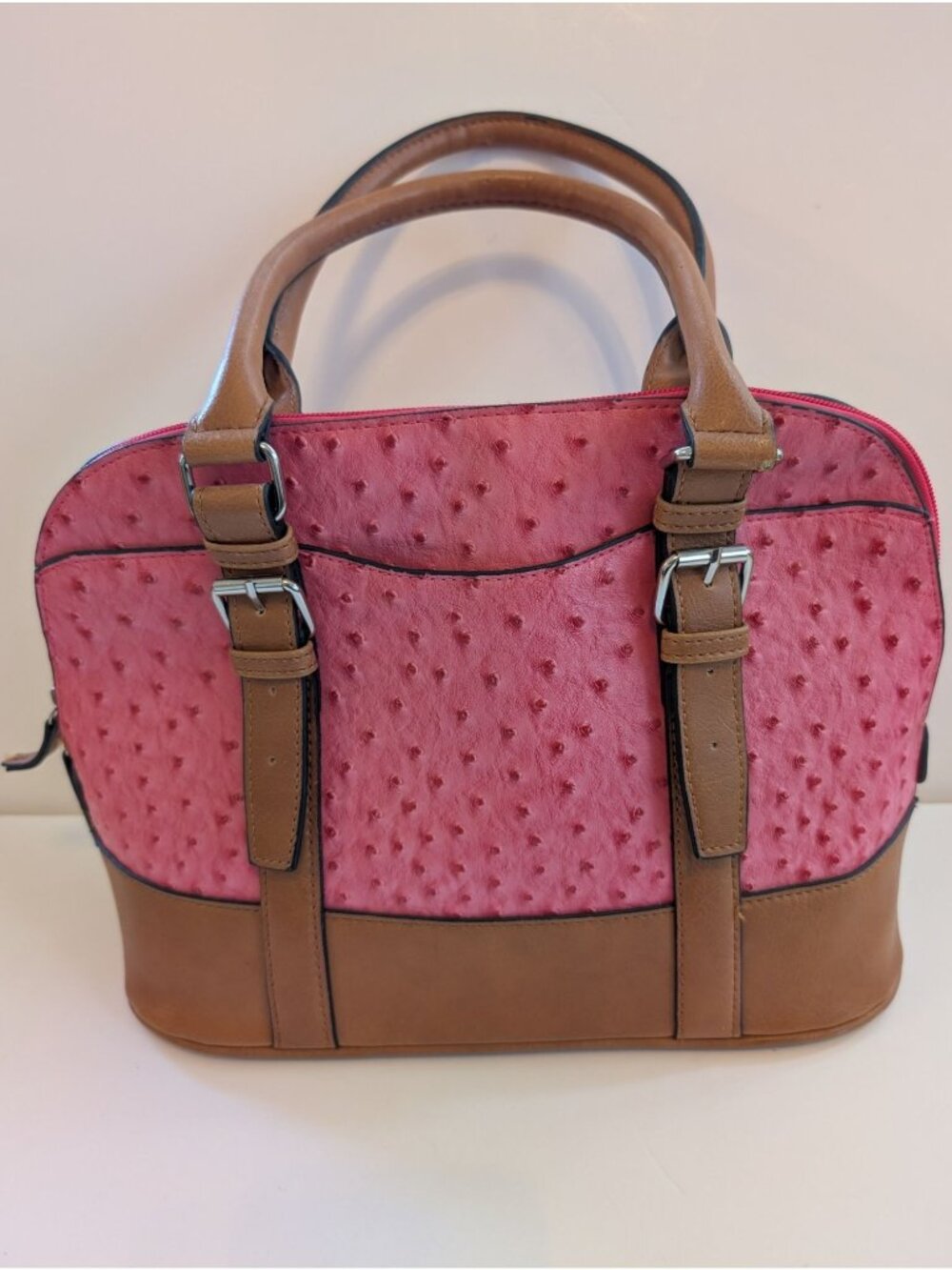 Mondani Myles Ostrich Strawberry Red & Cognac Satchel Handbag